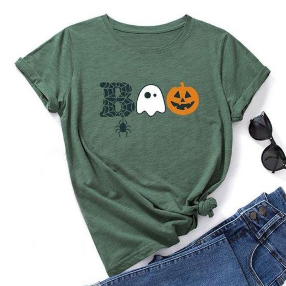Army Green & Orange 'Boo' Jack-O'-Lantern Tee